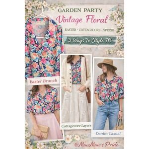 Vintage 90s Frayne Floral Blouse Garden Party Spring Easter Cottagecore Top Med